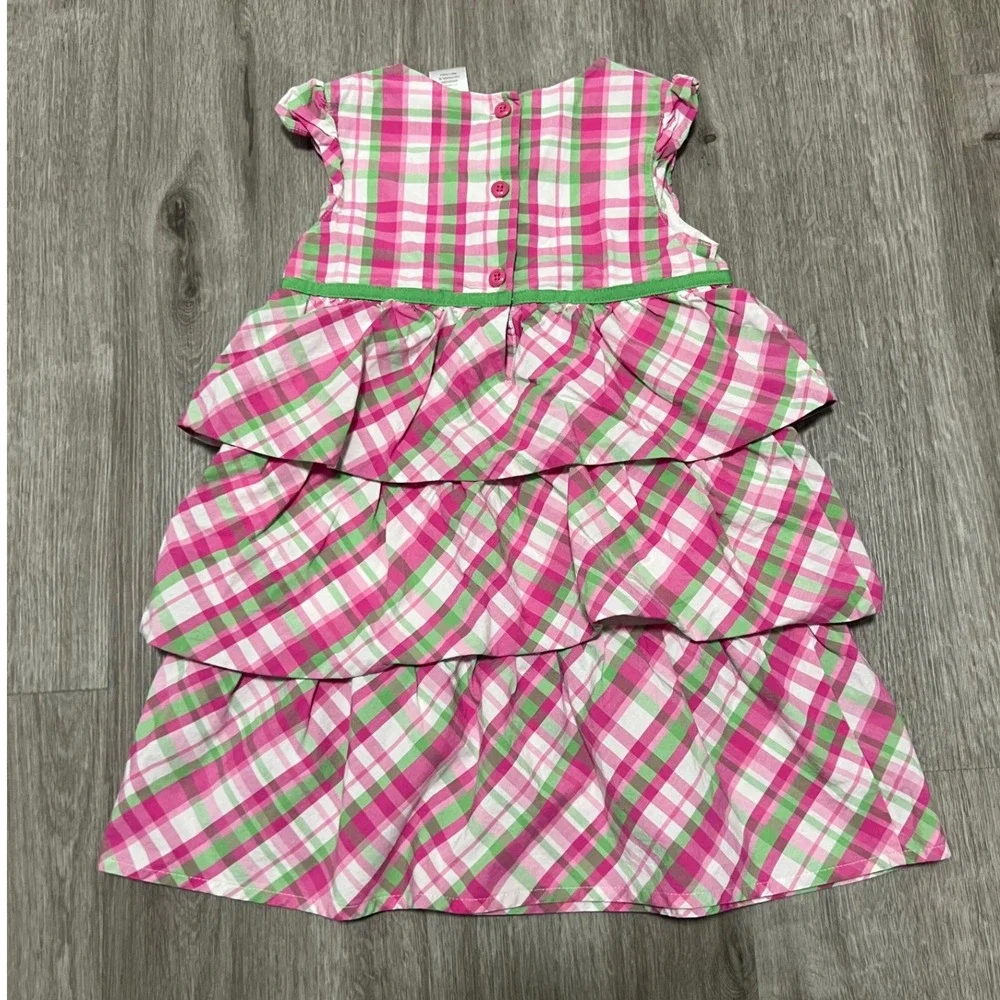 Gymboree Girls Bright Tulip‎ pink and green plaid tiered dress, 100% cotton, 4T